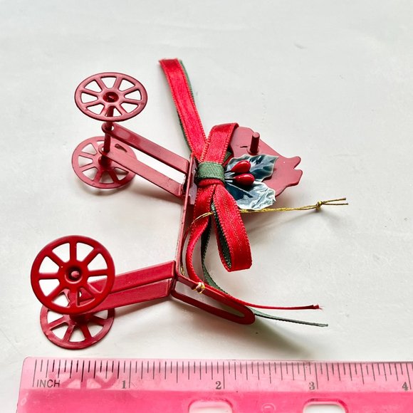 Vintage Rocking Horse Christmas Tree Ornament Red Diecast Metal Holly Taiwan - Picture 9 of 9